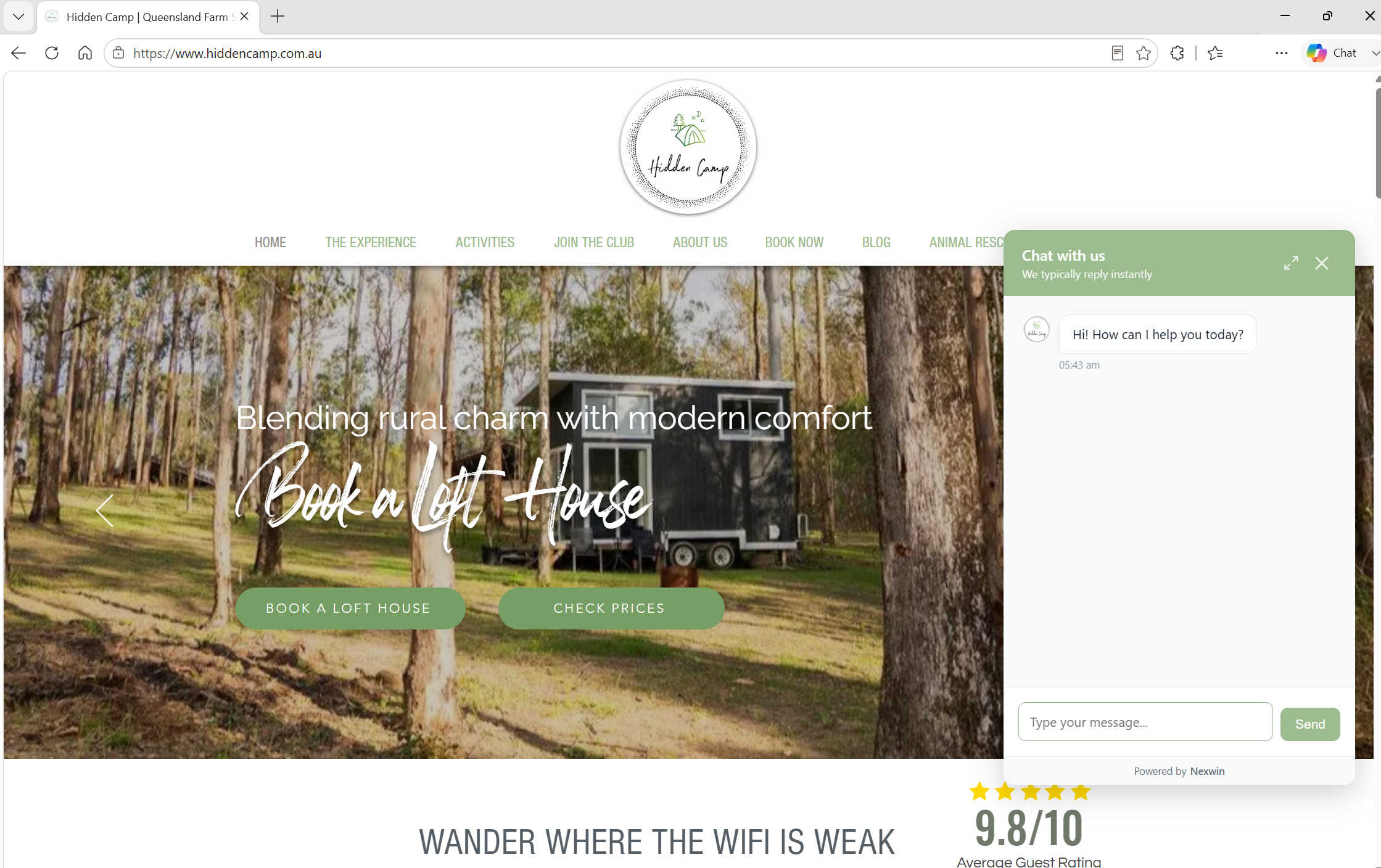 Hidden Camp website showing the Powered by Nexwin chatbot
