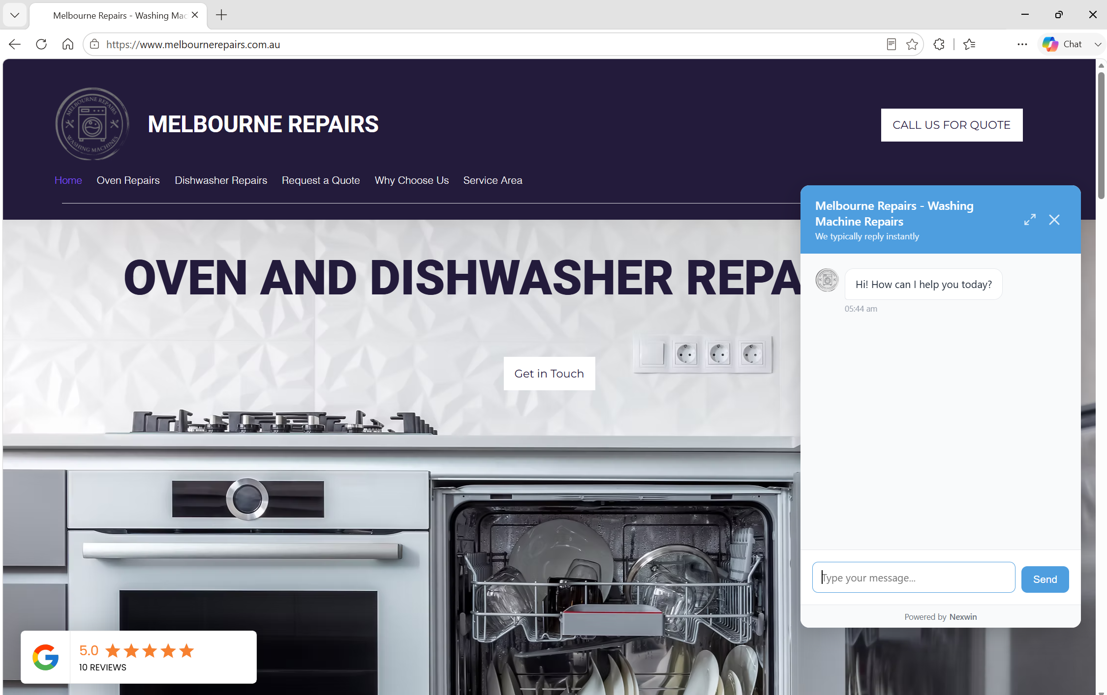 Melbourne Repairs website with its Nexwin AI chatbot open