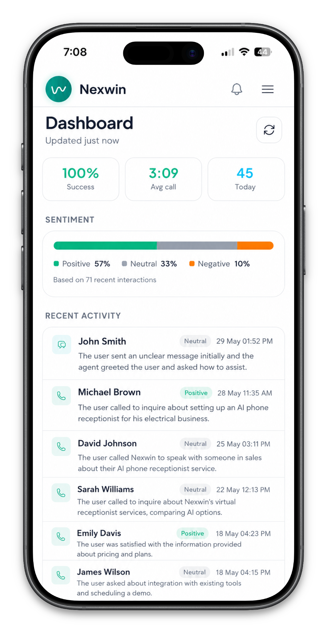 Nexwin mobile dashboard showing call success, average call length and recent call activity