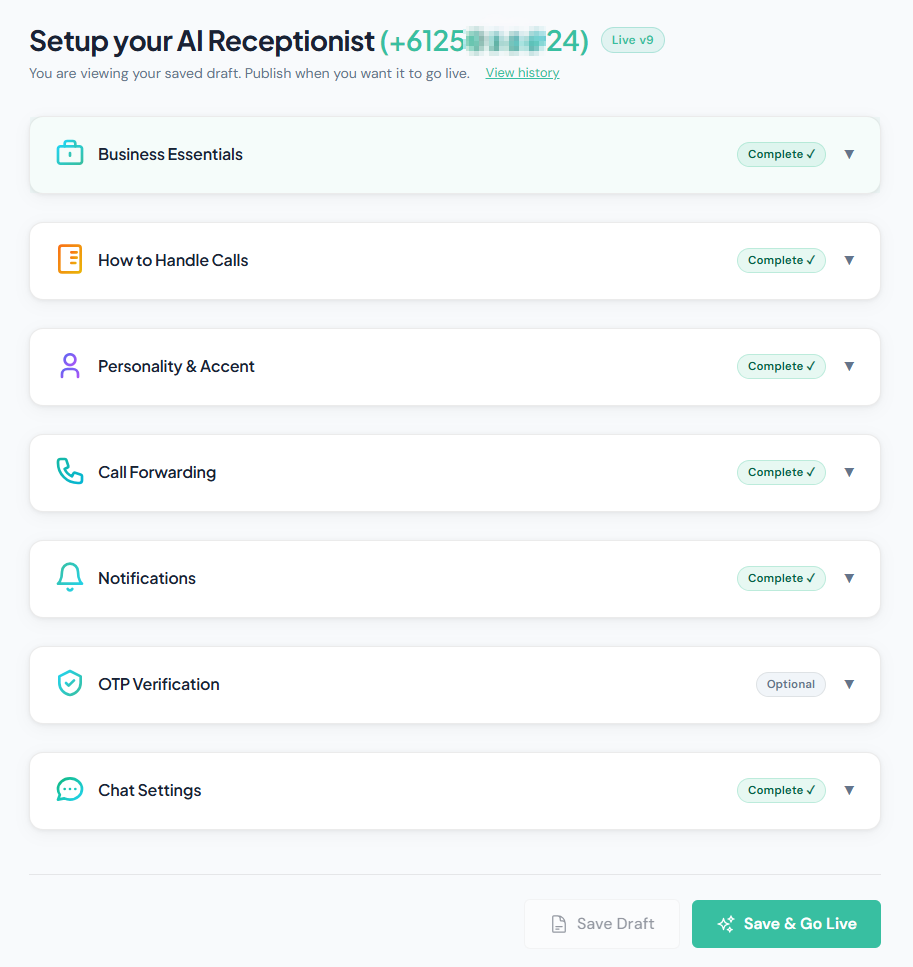 Nexwin AI receptionist setup screen listing seven sections — Business Essentials, How to Handle Calls, Personality and Accent, Call Forwarding, Notifications, OTP Verification and Chat Settings — each marked complete, with Save Draft and Save and Go Live buttons