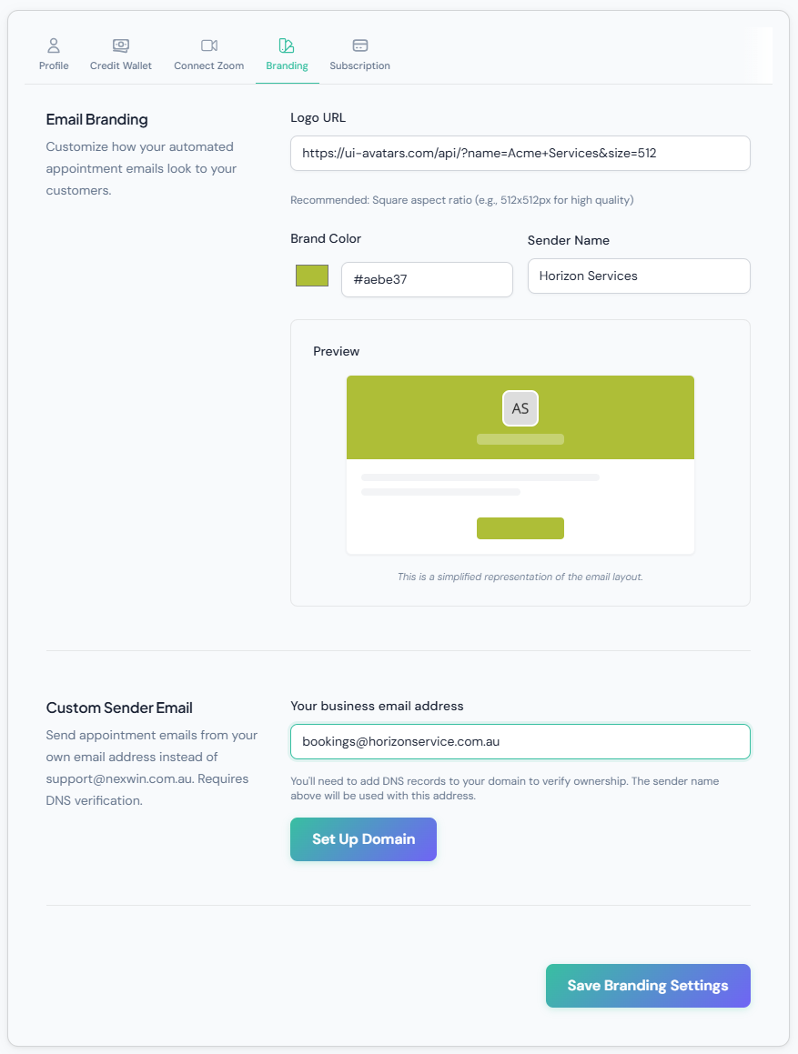 Nexwin email branding settings with a logo URL, brand colour picker, sender name, a live preview of the appointment email, and a custom sender email address field requiring DNS verification
