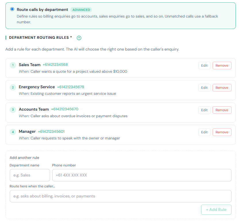 Nexwin department routing rules listing a Sales Team, Emergency Service, Accounts Team and Manager, each with a phone number and a plain-English condition describing when calls should route there