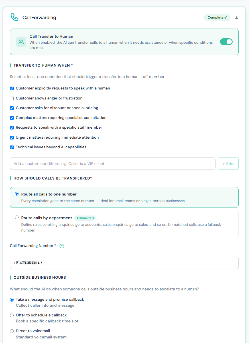 Nexwin Call Forwarding settings with a Call Transfer to Human toggle enabled, a checklist of transfer conditions such as the customer requesting a human or showing frustration, a call forwarding number field, and outside business hours options