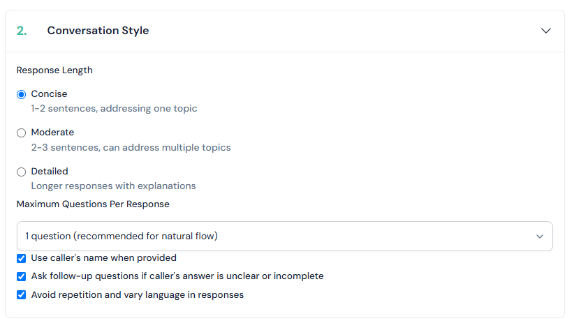 Nexwin Conversation Style settings with response length options of concise, moderate or detailed, a maximum questions per response dropdown, and toggles for using the caller's name, asking follow-up questions and avoiding repetition