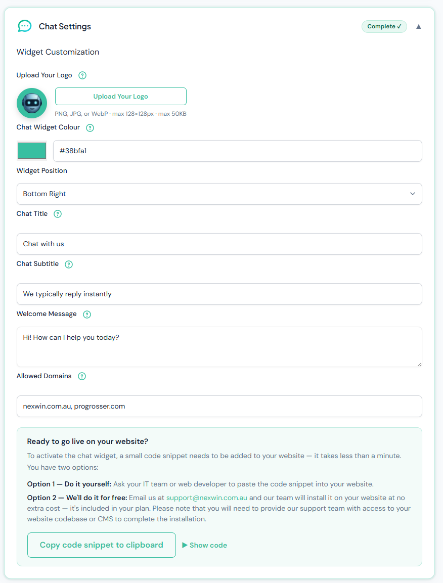 Nexwin chat widget customisation screen with logo upload, widget colour picker, position dropdown, chat title, subtitle and welcome message fields, an allowed domains list, and a copy code snippet button