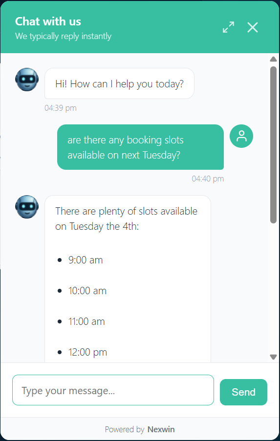 The live Nexwin chat widget on a website, where a visitor asks whether any booking slots are available next Tuesday and the AI replies with a list of available times