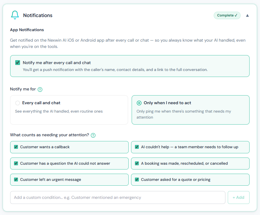 Nexwin notification settings with app notifications enabled, a choice between being notified about every call and chat or only when action is needed, and checkboxes for conditions such as the customer wanting a callback or asking for a quote