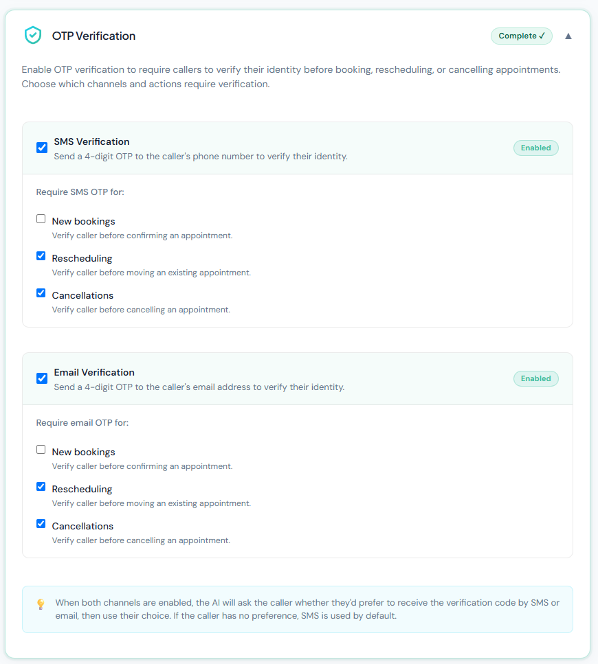 Nexwin OTP verification settings with SMS and email verification both enabled, and checkboxes controlling whether a code is required for new bookings, rescheduling or cancellations