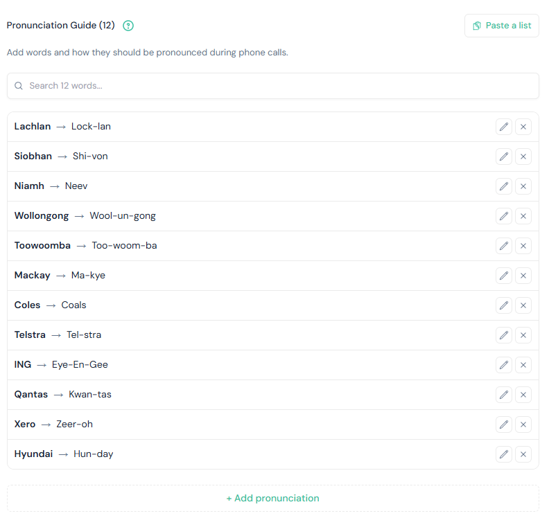 Nexwin pronunciation guide listing twelve words with phonetic spellings, including Lachlan as Lock-lan, Siobhan as Shi-von, Wollongong as Wool-un-gong and Qantas as Kwan-tas