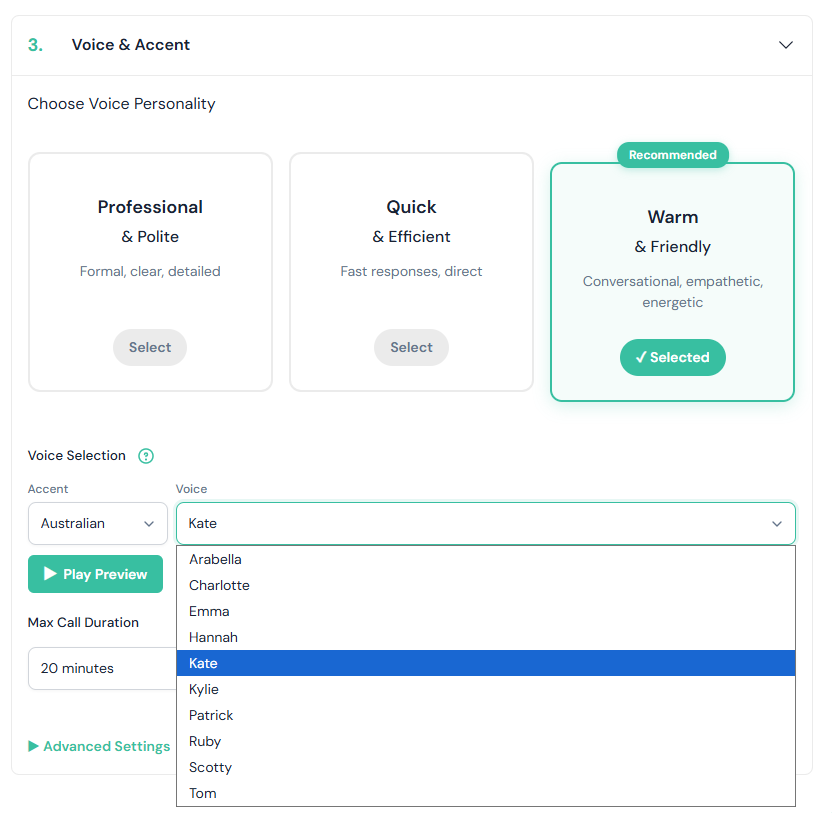 Nexwin Voice and Accent setup showing Professional, Quick and Warm personality cards, an Australian accent dropdown, a list of voices including Kate, Emma, Charlotte, Patrick and Tom, and a Play Preview button