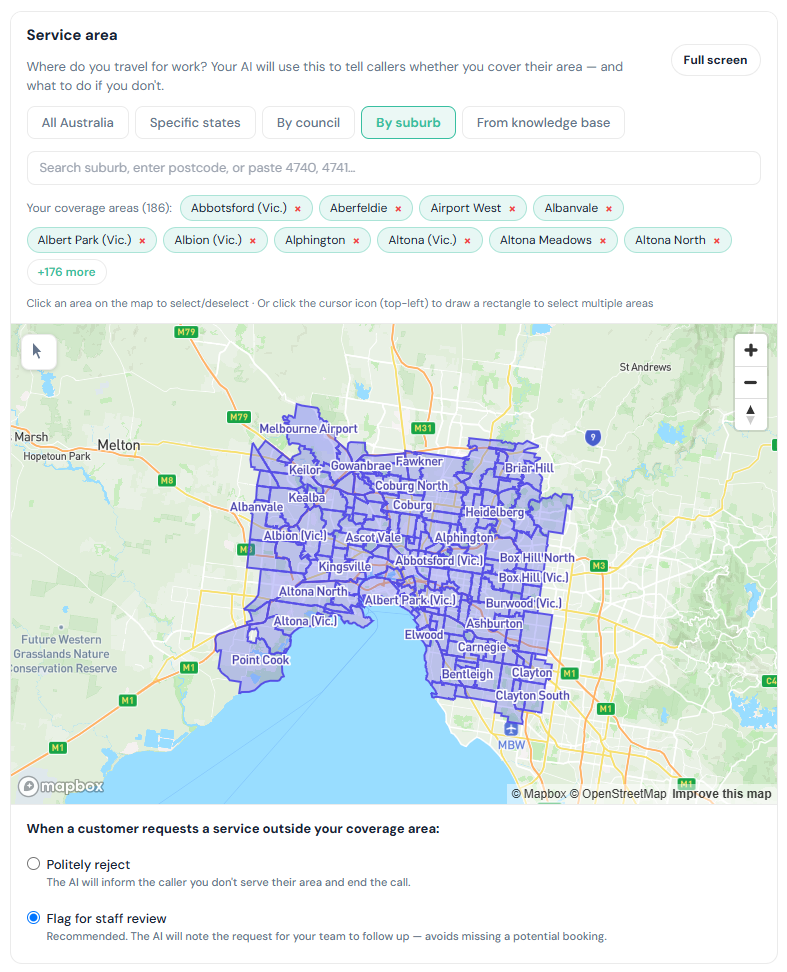 Nexwin service area selector with a map of Melbourne suburbs highlighted, 186 selected coverage areas listed as removable tags, and options for what the AI should do when a customer is outside the coverage area