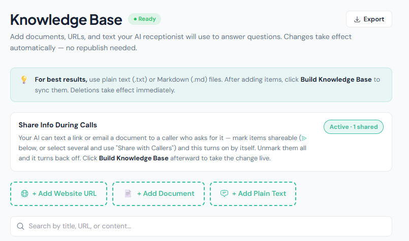 Nexwin Knowledge Base screen with buttons to add a website URL, document or plain text, and a Share Info During Calls panel marked Active with one shared item