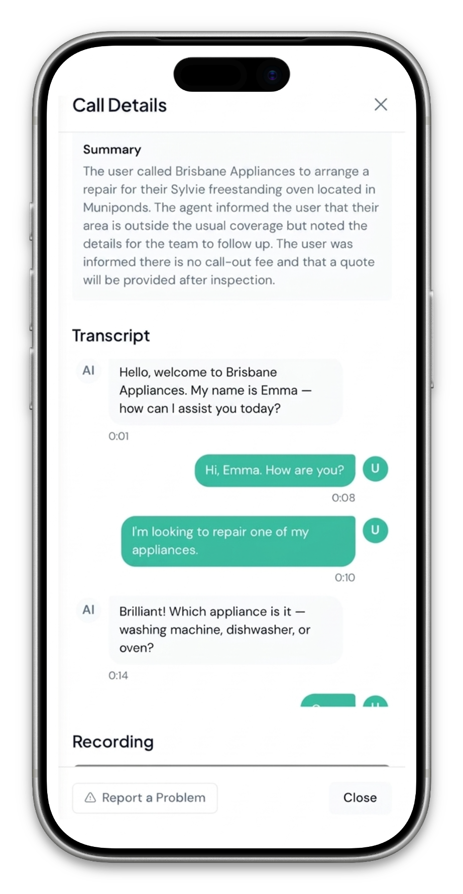 Nexwin call details showing AI-generated summary, full conversation transcript with timestamped messages