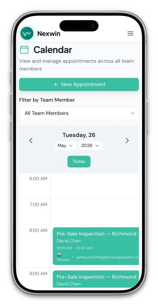 Nexwin calendar showing AI-booked appointments across team members on a daily timeline view