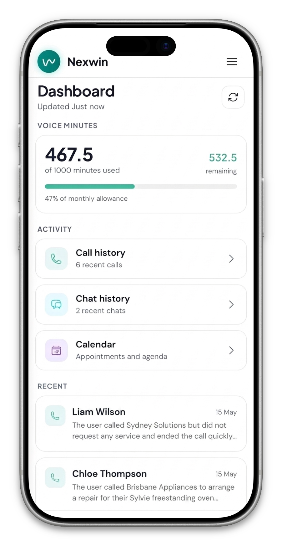 Nexwin dashboard showing voice minutes used, call history, chat history, calendar and recent calls on mobile