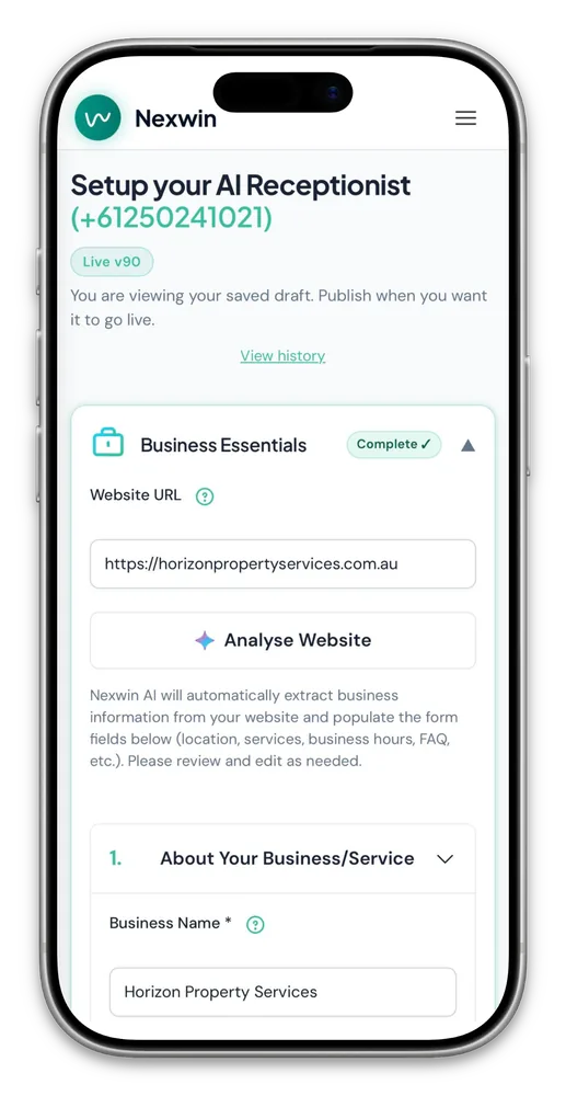 Nexwin AI setup screen showing website URL input and Analyse Website button to auto-fill business details