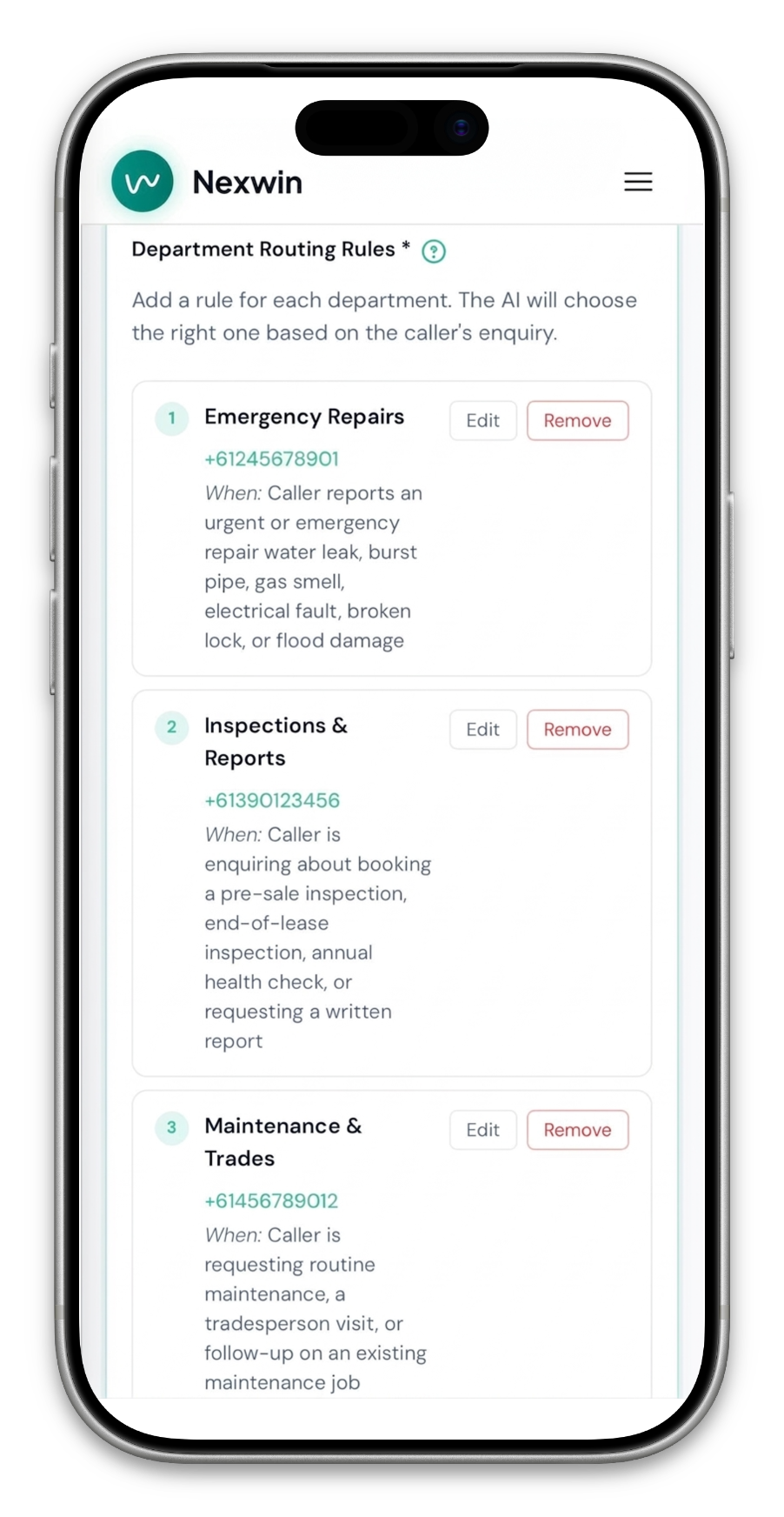 Nexwin department routing rules showing Emergency Repairs, Inspections, Maintenance and Trades departments with conditions
