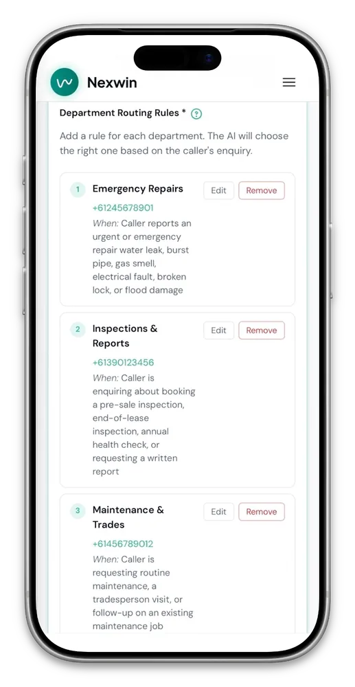 Nexwin routing flow showing department rules — Emergency Repairs, Inspections, Maintenance with phone numbers and fallback