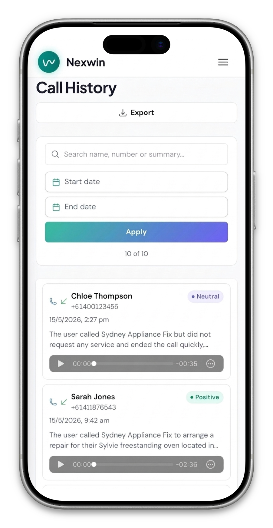 Nexwin call history screen showing caller names, sentiment badges (Positive/Neutral), AI summaries and audio playback