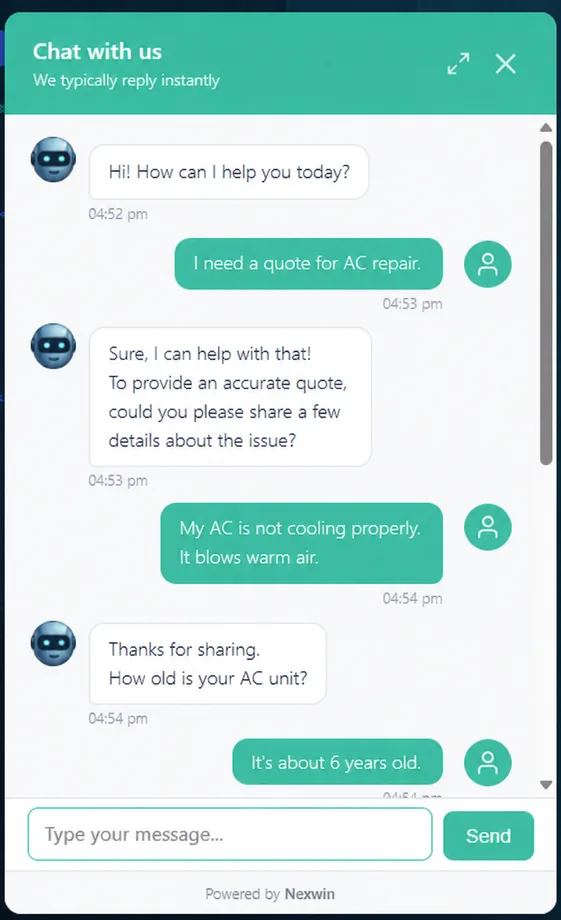 N-Chat AI chat assistant widget answering a customer's AC repair quote enquiry on a website